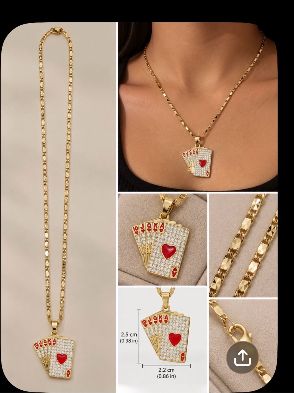 Gold-Plated Playing Cards Pendant Necklace with Red Heart Accent